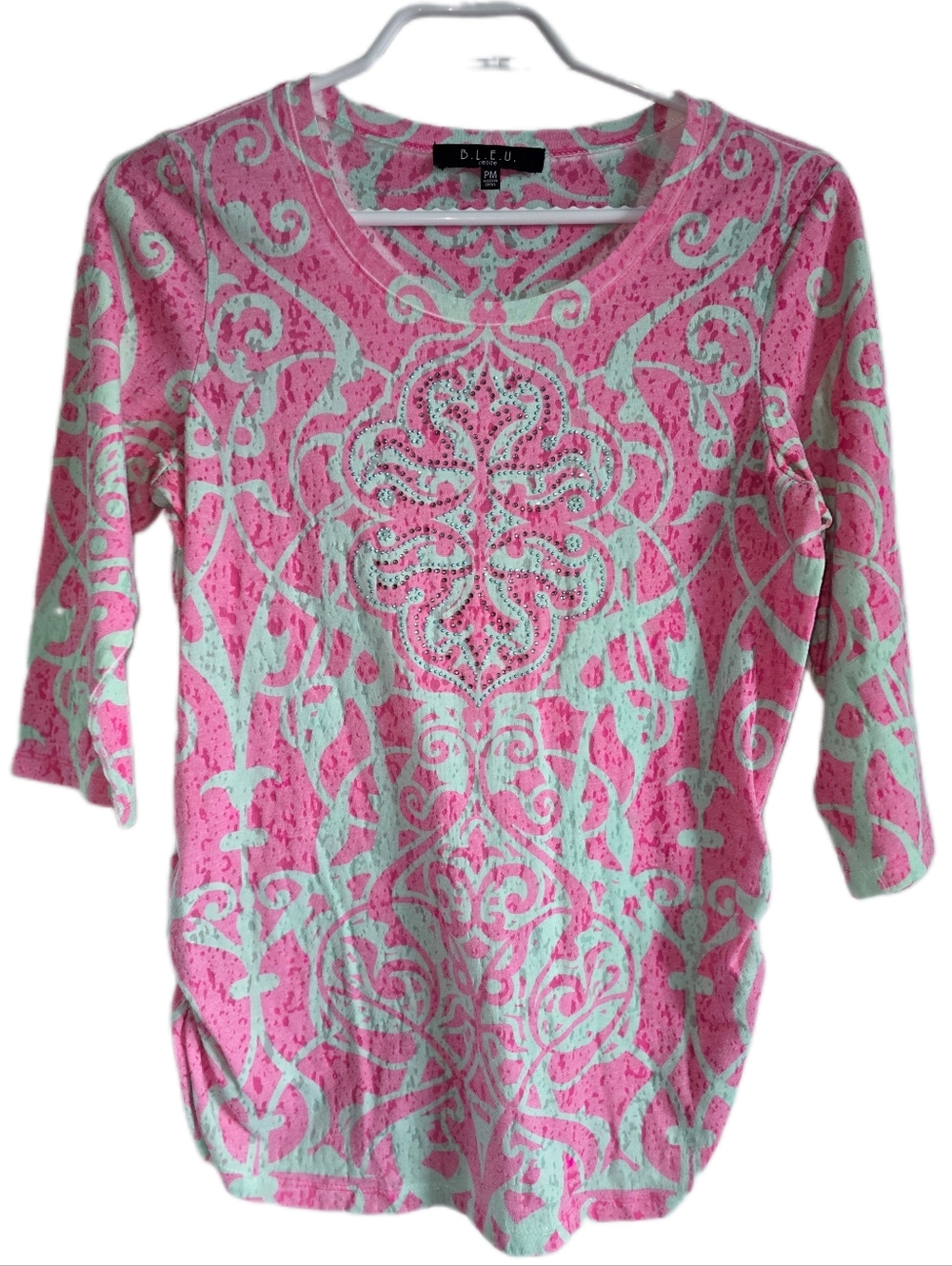 B.L.E.U. Pink & Mint Embellished Patterned Cotton Top